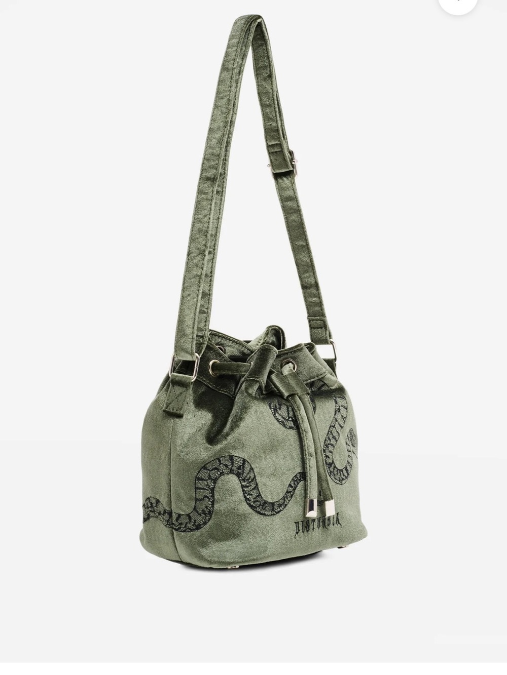 Disturbia Olive Green Velvet Drawstring Snake Bucket Bag - Picture 7 of 13